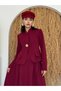 Women's Burgundy Skirt Suit with Stand Collar, Pocket Detail, Single Button, Long Atlas Weaving - 3