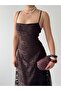 Women's Coffee Color Strappy Back Tie Square Neck Lace Long Evening Dress - 4