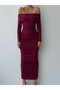Women's Burgundy Boat Neck Long Sleeve Draped Gathered Midi Pencil Dress - 2