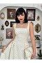 Women's Ecru Polka Dot Strappy Square Neck Fitted Waist Midi Dress - 2