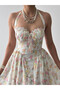Women's Ecru Midi Dress with Floral Pattern, Halter Neck, Lace Detail, Gathered - 8