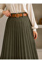 Women's Side Zippered Belted Pleated Imported Crepe Long Skirt