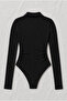 Polo Collar Embroidered Gathered Detail Zip-Up Blouse - 2