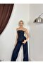 Women's Navy Blue Strapless Shiny Denim Look Peplum Cut Blouse
