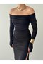 Women's Black Boat Neck Draped Long Sleeve Dress with Slit Detail - 7