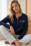 Navy Blue Patterned Buttoned Cotton Lycra Knitted Pajama Set26240346