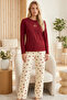 Burgundy Patterned Embroidered Cotton Lycra Crew Neck Knitted Pajama Set26240287 - 2