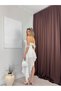 Women's White Carmen Collar Lace-Up Asymmetrical Mini Dress with Lace Detail - 2