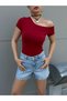 Boat Neck One Shoulder Open Cotton Fabric Short Sleeve Blouse Claret Red
