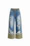 Blue Khaki Contrast Fabric Ripped Denim Wide Leg Pants 19062