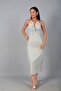 Women's Gold Neck Detailed Degaje Collar Polka Dot Lycra Buzzy Long Dress - 3