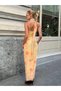 Women's Yellow Floral Rope Strap Halter Neck Maxi Long Lycra Square Neck Dress with Shawl Detail - 6
