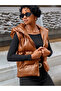 Women's Tan Leather Look Hooded Mid-Length Vest