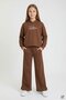 Brown Girls' Embossed Sweatshirt with Snap Detail Wide Leg 2-Piece Tracksuit Set 24764 - 4