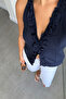 V-Neck Ruffled Blouse - Dark Blue - 4
