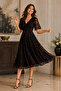 Women's Double-Breasted Collar Short-Sleeved Lycra Lined Waist-Fitted Patterned Stylish Brown Midi Evening Dress