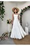 Women's Ecru Midi Dress Square Collar Lace Strap Layered Skirt Poplin Textured - 6