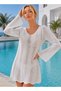 Women's Long Sleeve Spanish Sleeve Front Back V Neck Tie Back Cotton White Mini Swimsuit Top Beach Dress