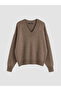 Brown V-Neck Oversize Women's Knitwear Sweater - 5