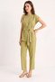 Women's Shoulder Knot Detailed Belted Linen Green Top and Bottom Set - 2