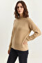 Women's Crew Neck Raglan Sleeve Knitted Patterned Soft Textured Knitwear Beige Sweater - 2