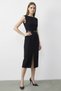 Women's Boat Neck Belted Front Slit Detailed Midi Pencil Black Dress - 2