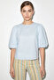 Women's Crew Neck Balloon Sleeve Open Back Tie Detailed Light Blue Blouse