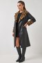 Women's Collar and Sleeves Leopard Fur Leather Trench Coat Black - 2