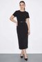 Women's Belted Crew Neck Pencil Black Dress - 2