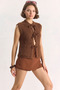 Women's Front Tie Pocket Detailed Knitwear Brown Vest - 6