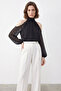 Women's Polka Dot Off-The-Shoulder High Neck Chiffon Black Blouse - 2