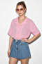 Women's Open Collar Self-Striped Oversize Short Sleeve Candy Pink Shirt - 2