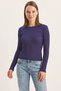 Women's Crew Neck Ribbed Body-Hugging Sequin Detailed Gilded Knitwear Cobalt Blue Blouse - 4