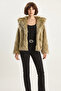 Women's Wide Collar Lined Short Faux Fur Beige Black Jacket - 7