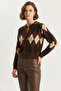 Women's Diamond Patterned Crew Neck Brown Cardigan - 2