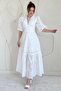 White Balloon Sleeve Detailed Low-Cut Brode Dress - 4
