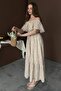 Beige Shoulder Elastic Brode Dress - 2