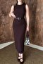 Brown Belted Slit Sleeveless Dress - 4