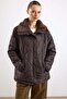 Large Size Short Quilted Coat with Fur Collar Detail Brown 6904 - 2