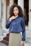 Women's Patterned Premium Satin Fabric Collared Off-Shoulder Long Sleeve Shirt - Navy Blue - 5
