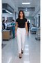 Women's Belted White, Navy Blue, Black Alpaca Fabric Doctor Nurse Medical Single Bottom Trousers - 7