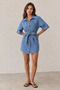 Women's Belted Shirt Collar Pocket Front Buttoned Mini Denim Dress