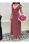 Women's Short Sleeve Deep V Neck Lace Detailed Floral Patterned Long Single Jersey Dress - 5