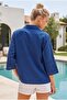 Dark Blue Shirt Collar Short Sleeve Buttoned Mesh Pocket Belted Waist Embroidered Cotton Woven Jacket 53 60 - 8
