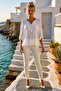 Italian White Lace Collar 3/4 Sleeve Lined Elastic Waist Sequined Silk Woven Blouse 65 70 - 7