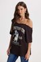 Women's Oversize Wide Cut 100% Cotton Chain Detailed Printed Brown T-Shirt Blouse - 5