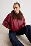 Bordo Oversize Kalıp Çıkarılabilir Kürk Yakalı Yumuşak Suni Deri Mont TWOAW27MO00040 - 3