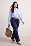 Özel Koleksiyon Koyu Mavi Yüksek Bel Nervürlü İspanyol Paça Büyük Beden Flare Jeans TBBAW26CJ00013 - 2