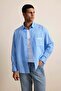 Men's Striped Oversize Long Sleeve Shirt with Embroidery Detail Blue - 5