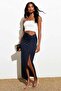 Navy Blue Gathered Waist Slit Maxi Skirt Sh160 - 3